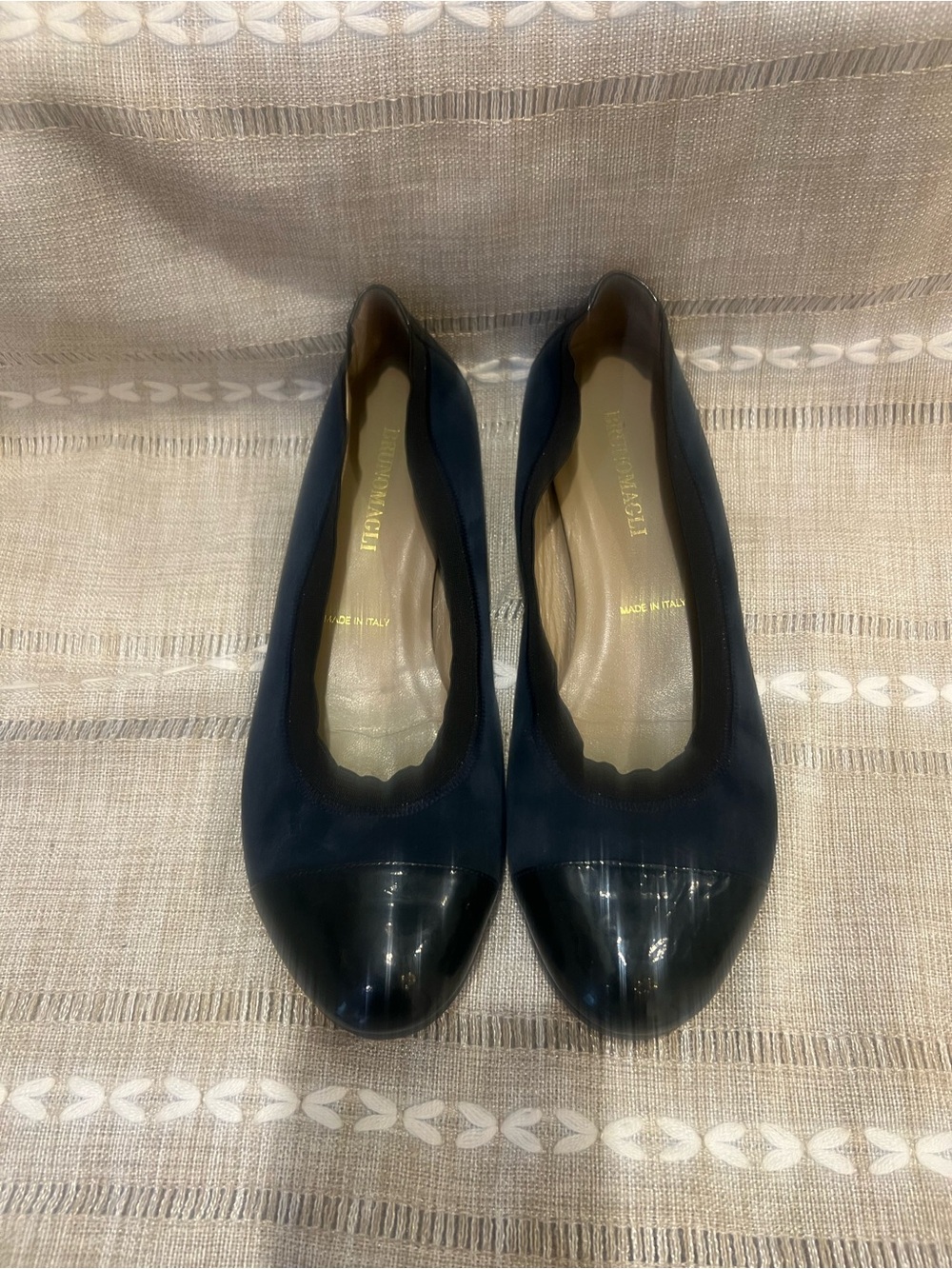 Bruno Magli Navy Fabric Ballet Flats with Black Patent Cap Toe
